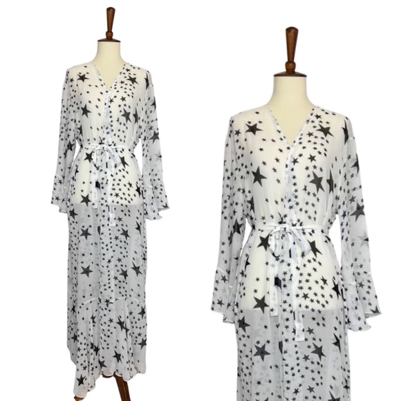 Boho White Chiffon with Black Stars Kimono Duster Beach Coverup - Picture 8 of 16